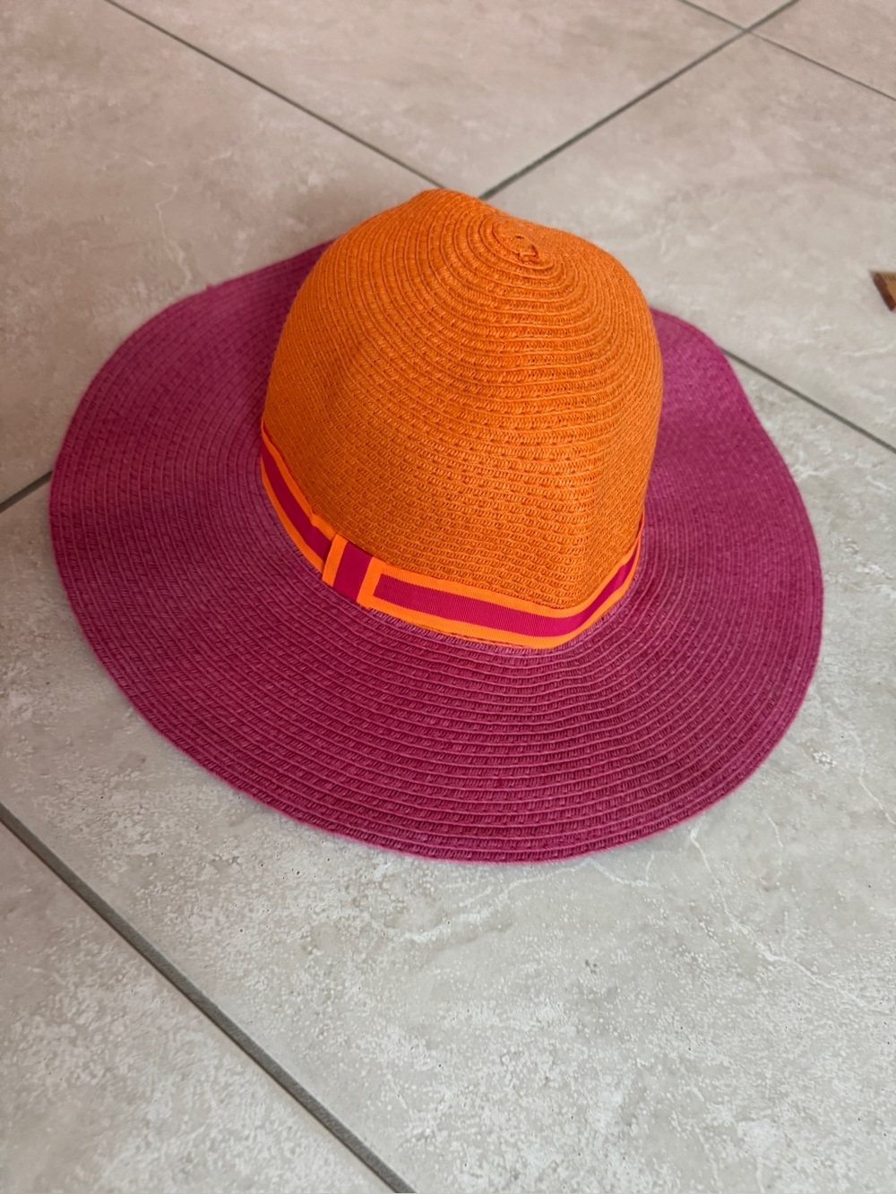 Two-Tone Wide Brim Straw Sun Hat - Orange + Magenta
